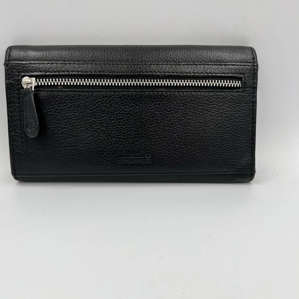 Timberland Pebbled Leather Black Wallet Women's Trifold Cardholder Clutch Flap